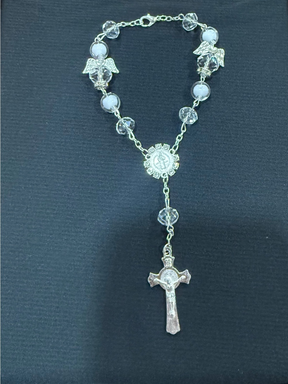 Silver-Tone Crucifix Rosary Necklace with Clear and Light Gray Beads